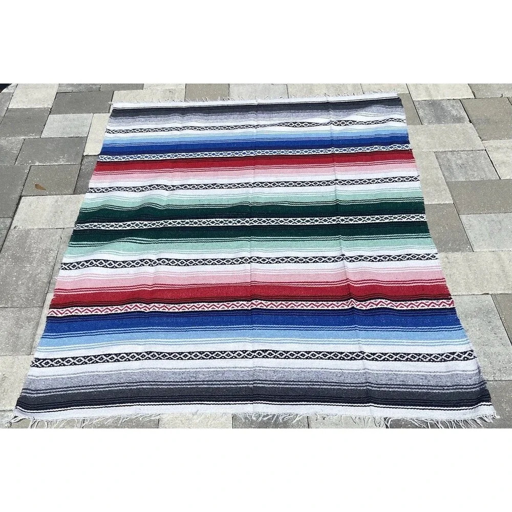Mexican Serape Falsa Blanket Throw Southwestern Striped Fringe Yoga Boho 78x58